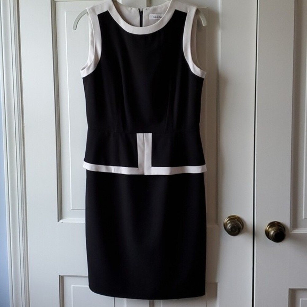 CALVIN KLEIN BLACK WHITE PEPLUM SHEATH DRESS CONTRAST PIPING SZ 6